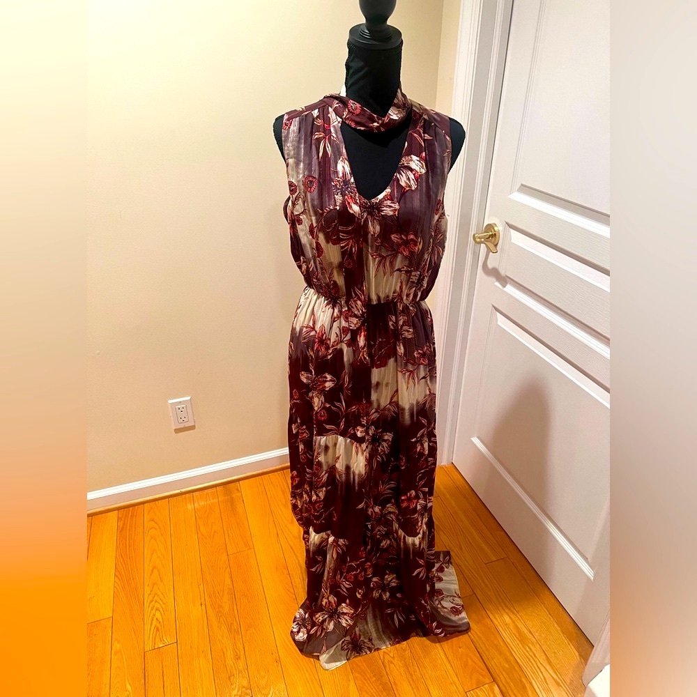 WESLEEROSE Floral Sleeveless Maxi Dress with attached scarf, shimmering material